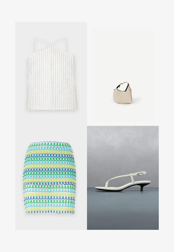Top de tirantes blanco con delgadas rayas verticales negras. Cuenta con un cuello halter con tirantes entrelazados y un dobladillo recto. Textura ligera y suave.; Minifalda de tejido con rayas horizontales en azul, verde y amarillo. El diseño tiene una apariencia texturizada y tejida con un efecto en capas.; Sandalia blanca de tacón kitten con tiras y punta afilada, flotando sobre un suelo de baldosas de madera al aire libre, con un fondo desenfocado de plantas y pared.; Bolso de cuero beige en forma de media luna con una sola correa para el hombro y costuras mínimas, colocado sobre un fondo blanco liso.