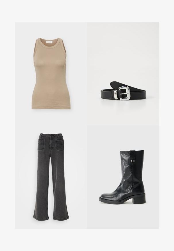 Beige dames tanktop zonder mouwen, nauwsluitend, met ronde hals en een Marc O'Polo label aan de binnenkant van de achterkraag.; Hoge taille, wijd-uitlopende zwarte jeans gemaakt van denim, met een knoopsluiting, riemlussen en twee achterzakken met gestikte accenten.; Zwarte leren enkellaars met een ronde neus, een bescheiden gestapelde hak en een decoratieve zijtab. Het materiaal heeft een strakke, gepolijste afwerking.; Zwarte leren riem met een zilveren metalen gesp, met een gladde textuur en een schoon, minimalistisch ontwerp.