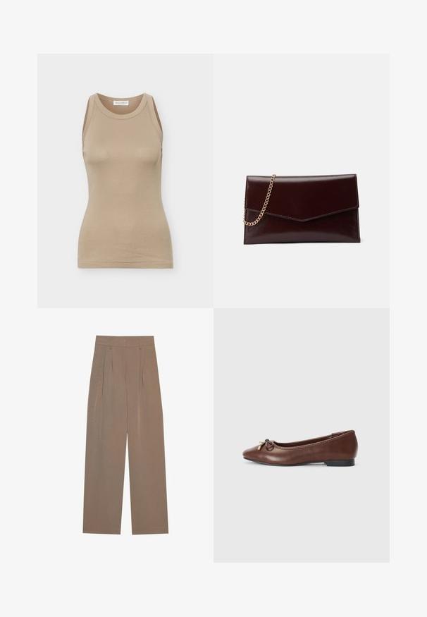Beige ærmeløs tætsiddende dame top med rund halsudskæring og Marc O'Polo mærke på bagsiden inde i kraven.; Brune plisserede bukser med bred ben-design, der har en flad talje og sidelommer, lavet af et letvægtsstof.; Brune læderballetsko med rund tå, lille sort hæl og en dekorativ sløjfe med guldaccenter foran. Glat tekstur.; Læder clutch i mørk burgundy med en kuvertdesign. Har en guldkædebærer, glat overflade og en spids flaplukning.