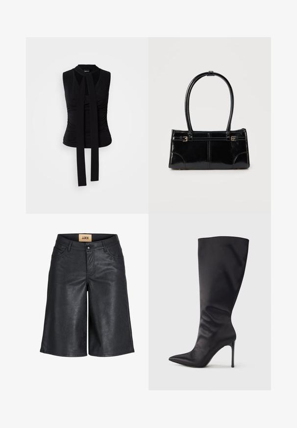 Sort ærmeløs top med halterneck-design, der har rynkede detaljer og to lange bånd foran. Glat, elastisk stof.; Sorte knælange shorts i imiteret læder med frontknap, bæltestropper og JJXX-mærke på den indvendige talje.; Sort knæhøj stiletstøvle lavet af glat, glansfuldt materiale; spids tå; tætsiddende pasform med let samling nær anklen; skinnende hæl.; Glansfuld sort rektangulær håndtaske med to tynde skulderremme og små guldbeslag foran.