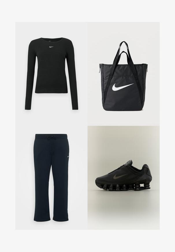 Čierne priliehavé tričko s dlhým rukávom z rebrovanej látky, s okrúhlym výstrihom a jemným bielym logom Nike na hrudi.; Čierne tepláky s elastickým pásom a nastaviteľnou šnúrkou. Obsahujú malé biele logo Nike na ľavej strane. Mäkká textúra látky.; Čierna teniska Nike so zipsom na hornej časti a výraznou pružinovou podrážkou v oddelených segmentoch, zobrazená z profilu na neutrálnom pozadí.; Čierna nylonová taška na rameno s dvomi popruhmi, s veľkým bielym logom Nike, zapínaním na zips a elegantným obdĺžnikovým dizajnom.