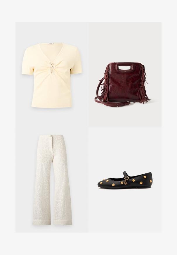 Haut crème en maille côtelée à manches courtes avec col en V et fermetures à crochets dorés sur un détail froncé à l'avant.; Pantalon blanc taille haute à jambes larges avec une broderie en dentelle florale délicate et une fermeture à boutons à l’avant sur un fond uni.; Chaussure plate Mary Jane noire avec des clous ronds dorés, une bride à boucle dorée et un petit charme doré suspendu à la bride.; Sac à main carré en cuir bordeaux avec poignée découpée, détails de franges latérales et bandoulière réglable sur fond uni.