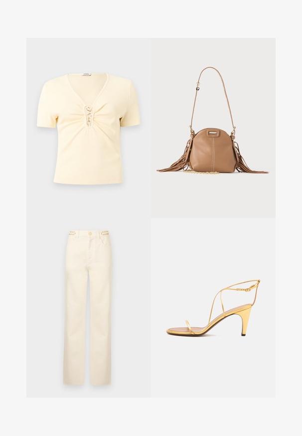 Haut crème en maille côtelée à manches courtes avec col en V et fermetures à crochets dorés sur un détail froncé à l'avant.; Rabanne Jean droit - off white denim; Sandale à talons hauts dorée avec fines lanières et une fine boucle à la cheville sur un fond gris clair.; Petit sac à bandoulière en cuir fauve avec longue bandoulière, détail chaîne dorée et franges des deux côtés sur un fond neutre.