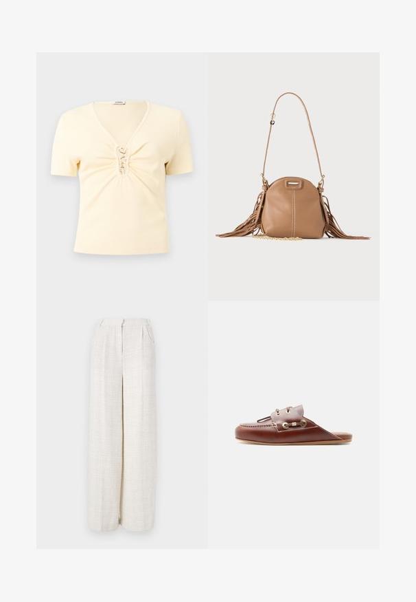 Haut crème en maille côtelée à manches courtes avec col en V et fermetures à crochets dorés sur un détail froncé à l'avant.; Pantalons larges en tissu beige clair avec un motif tissé texturé. Présentent une taille frontale et pas de fermetures visibles.; Mocassin à enfiler en cuir marron avec couture moc toe, œillets dorés et détail de lacet décoratif sur le côté, semelle plate, profil latéral.; Petit sac à bandoulière en cuir fauve avec longue bandoulière, détail chaîne dorée et franges des deux côtés sur un fond neutre.