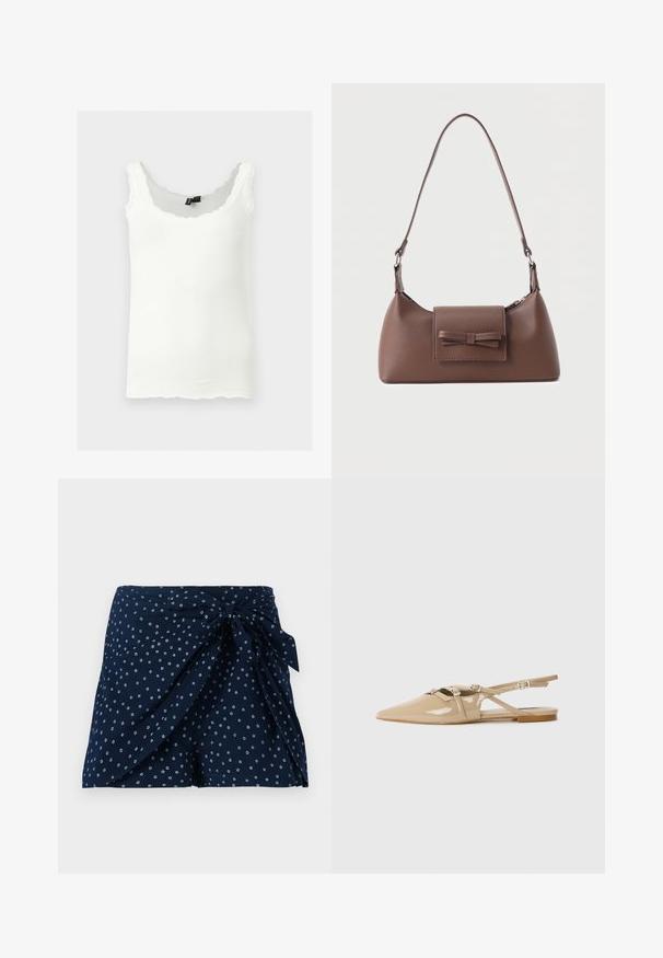 Weißes geripptes Tanktop mit spitzenbesetzten Trägern und gewellten Rändern, dargestellt vor einem hellgrauen Hintergrund.; Dunkelblaue Shorts mit einem Wickeldesign und vorderem Bindedetail. Besitzt ein verstreutes kreisförmiges weißes Muster. Hergestellt aus leichtem Stoff.; Beige lackleder Slingback-Ballerinas mit spitz zulaufender Zehenpartie, dekorativen Riemen und Schnallen sowie einem niedrigen Absatz. Glatte, glänzende Oberfläche mit minimaler Detailgestaltung.; Braune Leder-Umhängetasche mit einer vorderen Klappentasche, die ein gestepptes Schleifendetail und einen verstellbaren Riemen aufweist.