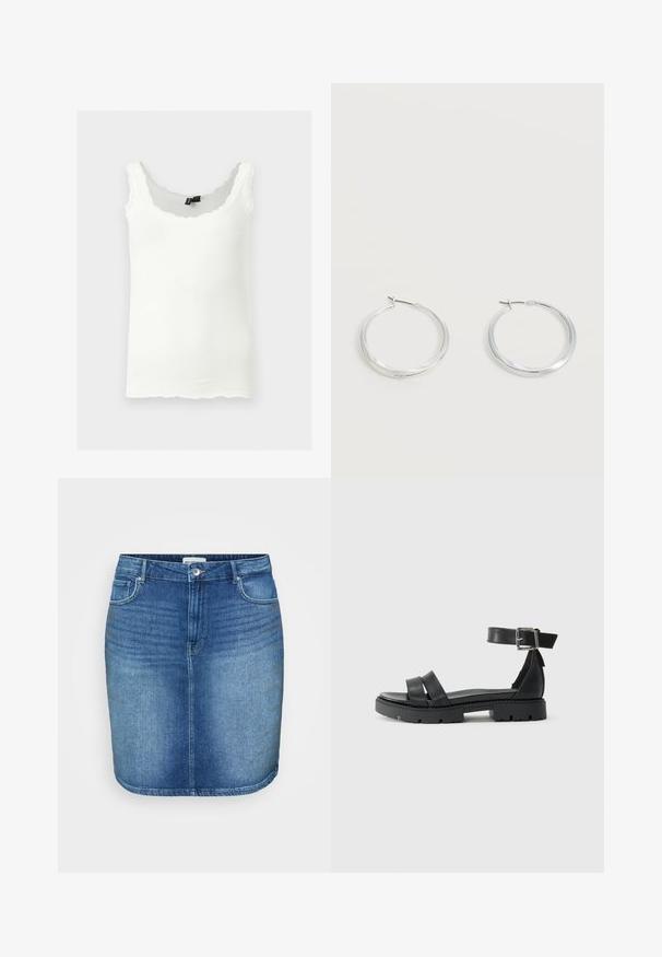 Hvid ribbet tanktop med blondekantede stropper og bølgede kanter, vist mod en lysegrå baggrund.; Denim nederdel i mellemblå vask med en tætsiddende design, lige snit, fem-lomme stil og en talje med knaplukning foran.; Sorte lædersandaler med to tykke stropper, ankelspænde og tekstureret gummisål. Flad design med rund tå og polstret indersål.; Sølvfarvede metaloorringe med glat, let buet overflade og låsemekanisme på en ensfarvet hvid baggrund.