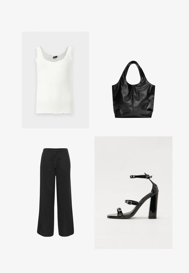 Wit geribd tanktopje met kantafgewerkte bandjes en geschulpte randen, getoond tegen een lichtgrijze achtergrond.; Culture CUNAVI CLARINA - Broek - black; Zwarte patent lederen sandalen met hoge hakken, twee gespenbanden, een vierkante neus en een stevige blokhak, met een gladde, glanzende textuur.; Zwarte leren tote bag met een gladde textuur, een zachte ronde bovenkant en brede handvatten. Kenmerkt zich door minimale stiksels en een slungelige silhouet.