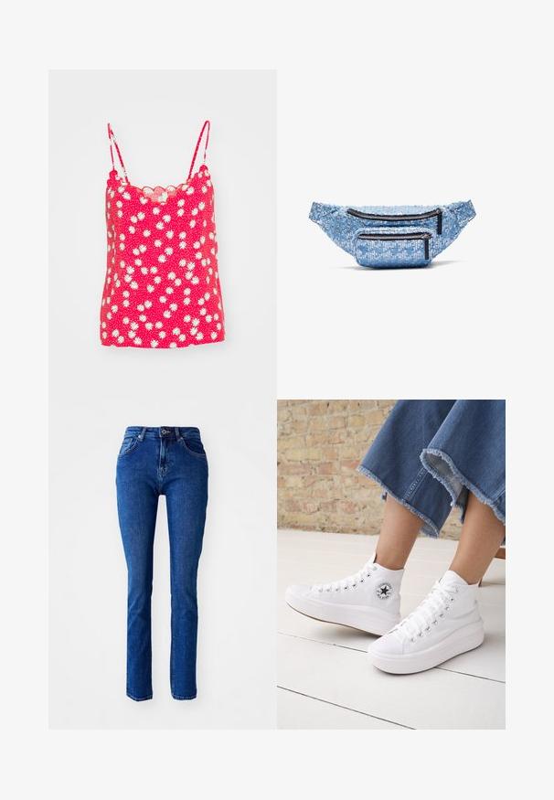 Top de tirantes delgados en color rojo con flores, que presenta un escote con puntas y patrones de flores blancas sobre un fondo con puntos.; Jeans de mezclilla azul con un corte ajustado, cintura alta, piernas rectas y detalles cosidos. Cuenta con un cierre de botón y cremallera. Sin adornos adicionales.; Persona que lleva zapatillas Converse altas blancas con suelas gruesas y vaqueros azules recortados con dobladillo deshilachado frente a una pared de ladrillos y suelo blanco.; Riñonera azul con lentejuelas y dos compartimentos con cremallera, con una superficie texturizada, cremalleras negras y una cinturilla ajustable.