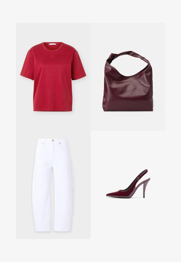Camiseta roja de algodón con mangas cortas y cuello redondo, con un pequeño logo bordado centrado bajo el cuello, mostrada sobre un fondo blanco.; Vaqueros blancos lisos de corte recto con bolsillos delanteros, trabillas para el cinturón y cierre de botón en la cintura sobre un fondo claro.; Zapatos de tacón slingback de charol burdeos con punta afilada, alto tacón de aguja y una textura suave y elegante. Detalle de correa ajustable.; Bolso burdeos con un patrón tejido texturizado, material de cuero suave y un solo asa anudada. Diseño espacioso estilo hobo.