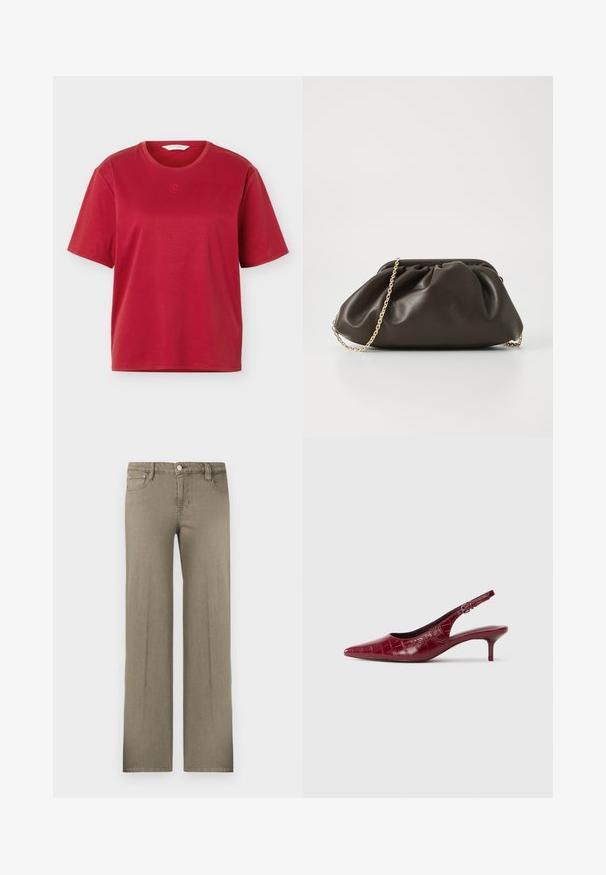 T-shirt en coton rouge à manches courtes avec encolure ronde et petit logo brodé centré sous l'encolure, présenté sur un fond blanc.; Pantalon à jambes larges de couleur vert olive, en denim. Il présente une conception classique à cinq poches, une fermeture à boutons et une texture subtile.; Escarpin à talon kitten en cuir bourgogne avec texture crocodile, bout pointu, bride ajustable et talon bas sur fond blanc.; Sac à main en cuir marron avec un design froncé, une bandoulière en chaîne dorée et une finition douce et texturée. Sa forme compacte est idéale pour une utilisation en soirée.