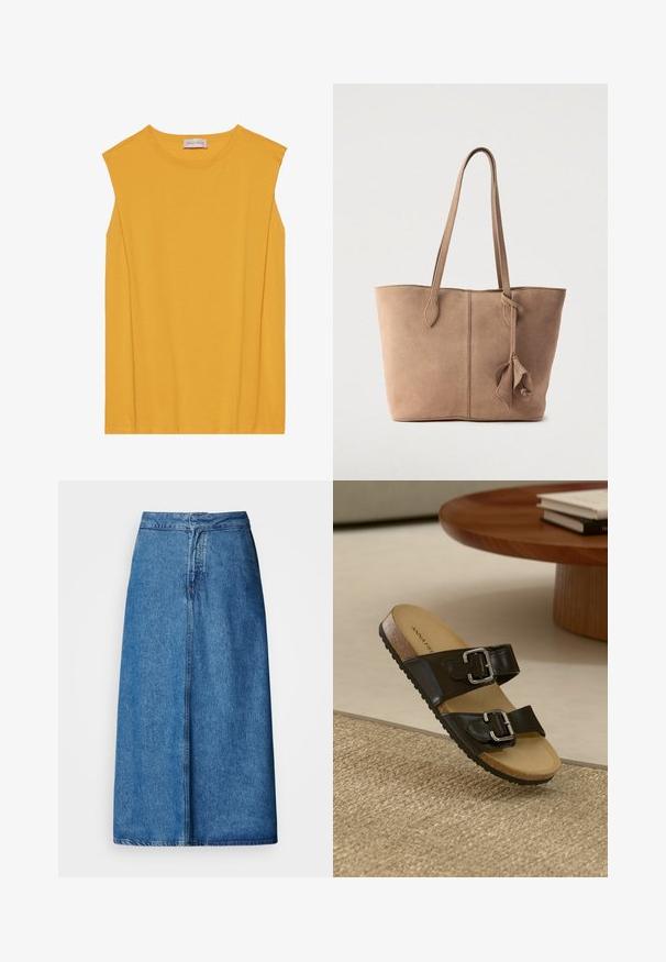 Top sin mangas amarillo hecho de algodón suave, con cuello redondo y corte recto, con costuras sutiles a lo largo de los bordes.; Falda midi de mezclilla con un corte relajado, presenta una cintura alta, dobladillo deshilachado y color azul sólido. Diseño sencillo sin adornos visibles.; Sandalia negra de dos tiras con hebillas plateadas, plantilla de corcho y suela de goma. Acabado mate en las tiras, exhibida sobre una superficie texturizada y tejida.; Bolso tote de ante en beige apagado con dos correas largas, un diseño sencillo y un detalle de adorno atado en un lado. Textura suave en toda la superficie.
