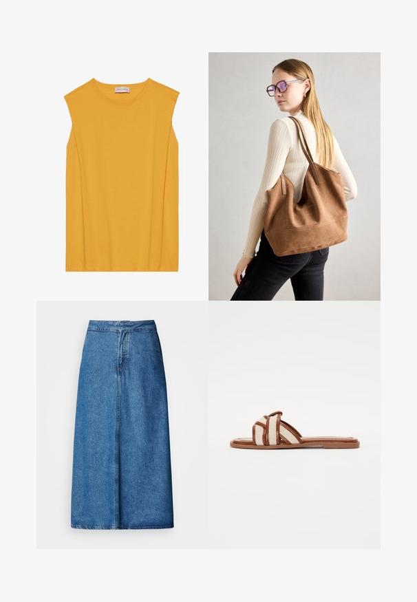 Gul ærmeløs top lavet af blødt bomuld, med rund halsudskæring og lige snit, samt diskret syning langs kanterne.; Denim midi-nederdel med afslappet pasform, høj talje, frynset kant og ensfarvet blå. Enkel design uden synlige udsmykninger.; Brune flade sandaler med brede vævede stofremme, der har en glat syntetisk sål og et minimalistisk design.; Brun ruskind tote taske med blød tekstur, stor åbning og lange stropper. Har et enkelt design med synlige syninger og ingen hardware.