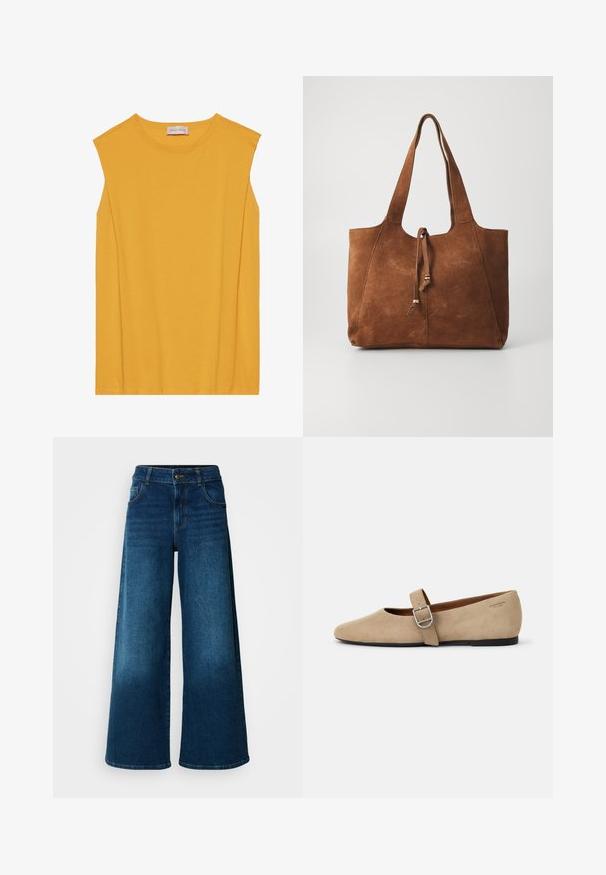 Yellow sleeveless top made of soft cotton, featuring a round neckline and straight cut, with subtle stitching along the edges.; Wide-leg jeans made of dark blue denim. Features a high waist, button closure, and classic five-pocket design with subtle fading.; Beige suede Mary Jane flats with a pointed toe and a single adjustable strap featuring a silver buckle. Black flat sole.; Brown suede tote bag with two long handles, drawstring closure, and smooth texture. Features simple design and minimal accents.