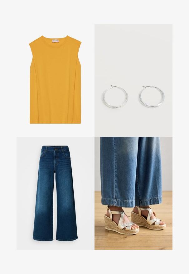 Geel mouwloos topje van zachte katoen, met een ronde halslijn en rechte snit, en subtiele stiksels langs de randen.; Wijde jeans van donkerblauwe denim. Heeft een hoge taille, knoopsluiting en klassiek vijf-vakken ontwerp met subtiele vervaging.; Gouden gekruiste wedge sandalen met een geweven jute basis. Kenmerkt brede kruisbanden en een ronde neusdesign. Draag ze met lichtblauwe wijde spijkerbroeken.; Zilverkleurige metalen creolen oorbellen met een glad, licht gebogen oppervlak en sluitingen met haaksluiting op een effen witte achtergrond.