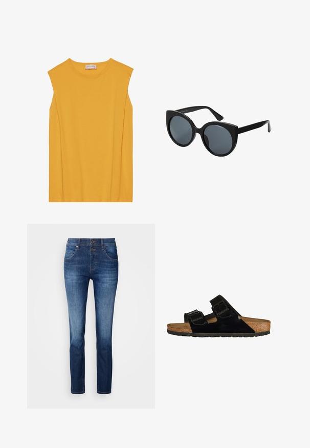 Gul ærmeløs top lavet af blødt bomuld, med rund halsudskæring og lige snit, samt diskret syning langs kanterne.; Mørkeblå denimjeans med lige pasform, featuring lynlås, to forlommer og subtile falmede områder. Blød tekstur med minimal slid.; Sorte patentlæder sandaler med to justerbare stropper, korksål og gummisål, der har en glat tekstur og et minimalistisk design.; Storede sorte oversized solbriller med katteøjeform, mørkt tonede linser og glansfuldt plastisk stel. Har tykke stænger for støtte.