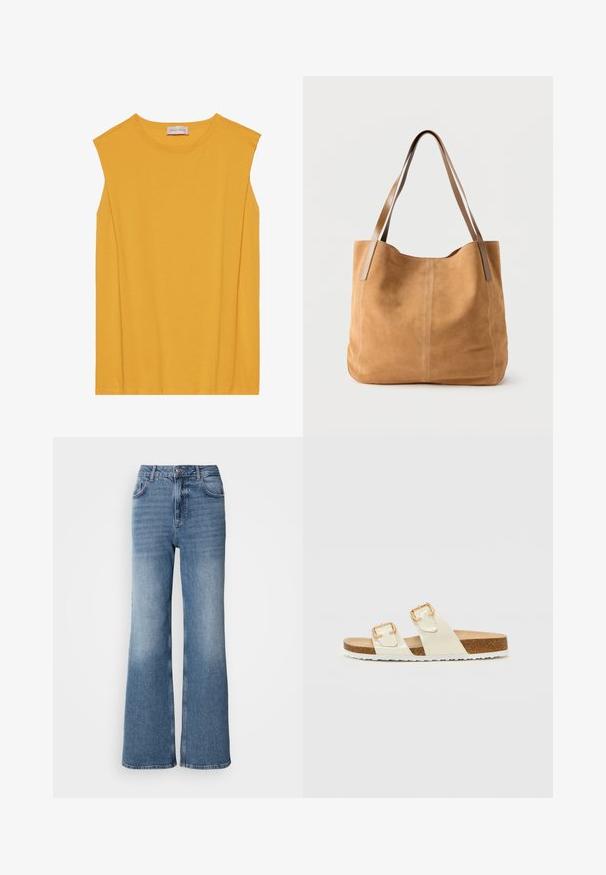 Gul ærmeløs top lavet af blødt bomuld, med rund halsudskæring og lige snit, samt diskret syning langs kanterne.; Mos Mosh MAI - Jeans Straight Leg - blue wash; Hvide faux læder sandaler med to justerbare spænder, kork sål og hvid gummisål, der har en glat tekstur og minimalistisk design.; Beige ruskindtaske med lange lysebrune læderstropper, blød tekstur og enkel syning på en ensfarvet hvid baggrund.