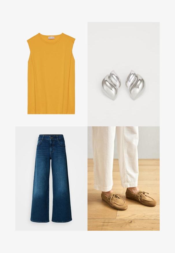 Gul ærmeløs top lavet af blødt bomuld, med rund halsudskæring og lige snit, samt diskret syning langs kanterne.; Viddejeans lavet af mørkeblå denim. Har høj talje, knaplukning og klassisk fem-lomme design med subtile falme.; Brune ruskinds bådsko med snørebånd, der har en rund tå og syede detaljer. Båret med hvide kordfløjl-bukser i en træagtig indstilling.; Sølvøreringe med en organisk, abstrakt form. Glat, skinnende overflade med et tilspidset design. Har subtile kurver og en centrallinje detalje.