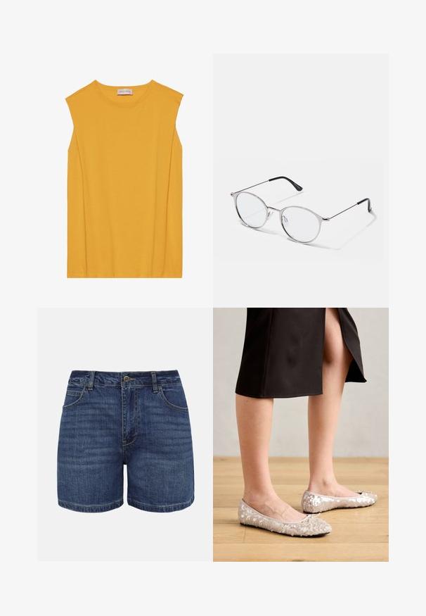 Haut sans manches jaune en coton doux, avec un col rond et une coupe droite, agrémenté de coutures discrètes le long des bords.; Shorts en denim bleu foncé avec bouton frontal, fermeture éclair, passants pour ceinture et poches avant, présentés sur un fond blanc.; Ballerines en sequins beiges avec un bout rond, ornées d'un accent nœud, associées à une jupe noire, exposées sur un sol en bois.; Lunettes en métal argenté avec des verres ronds et une fine monture. Les embouts de branches noirs offrent un contraste. Plaquettes de nez ajustables incluses.