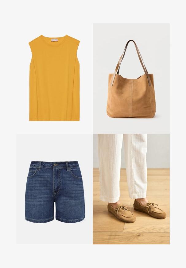 Haut sans manches jaune en coton doux, avec un col rond et une coupe droite, agrémenté de coutures discrètes le long des bords.; Shorts en denim bleu foncé avec bouton frontal, fermeture éclair, passants pour ceinture et poches avant, présentés sur un fond blanc.; Bateaux en daim marron avec lacets, présentant un bout arrondi et des accents cousus. Portés avec un pantalon en velours côtelé blanc dans un environnement en bois.; Sac fourre-tout en daim beige avec de longues anses en cuir marron clair, texture douce et couture simple sur un fond blanc uni.