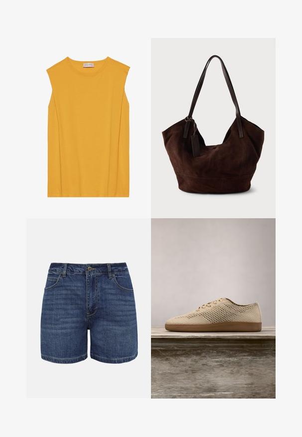Haut sans manches jaune en coton doux, avec un col rond et une coupe droite, agrémenté de coutures discrètes le long des bords.; Shorts en denim bleu foncé avec bouton frontal, fermeture éclair, passants pour ceinture et poches avant, présentés sur un fond blanc.; Baskets perforées beiges avec bout arrondi, design à lacets, tige en tissu texturé et semelle en caoutchouc marron. Présente de petits trous de ventilation tout au long.; Handbag en cuir suédé marron avec une forme douce et souple. Doté de poignées en cuir et d'une étiquette décorative. Texture plain avec des coutures courbes.