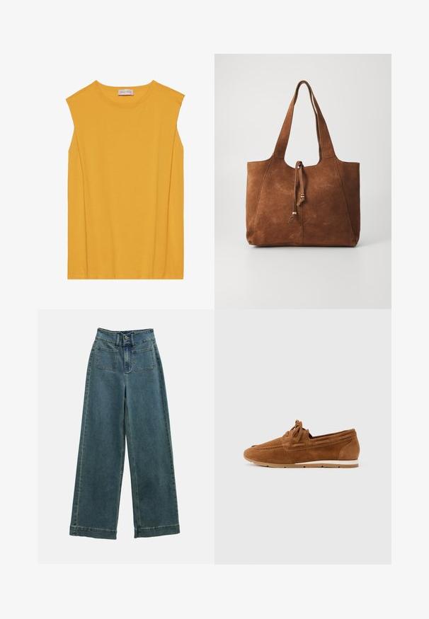 Top sin mangas amarillo hecho de algodón suave, con cuello redondo y corte recto, con costuras sutiles a lo largo de los bordes.; Pantalones de mezclilla de pierna ancha en azul desteñido, con una cintura alta, dos bolsillos frontales y un cierre clásico de botón. La tela tiene una textura suave y lisa.; Mocasín de cuero ante marrón con detalle de cordones, suela de caucho blanca y beige, mostrado de perfil sobre un fondo claro y liso.; Bolso tote de ante marrón con dos asas largas, cierre de cordón y textura suave. Presenta un diseño sencillo y acentos mínimos.