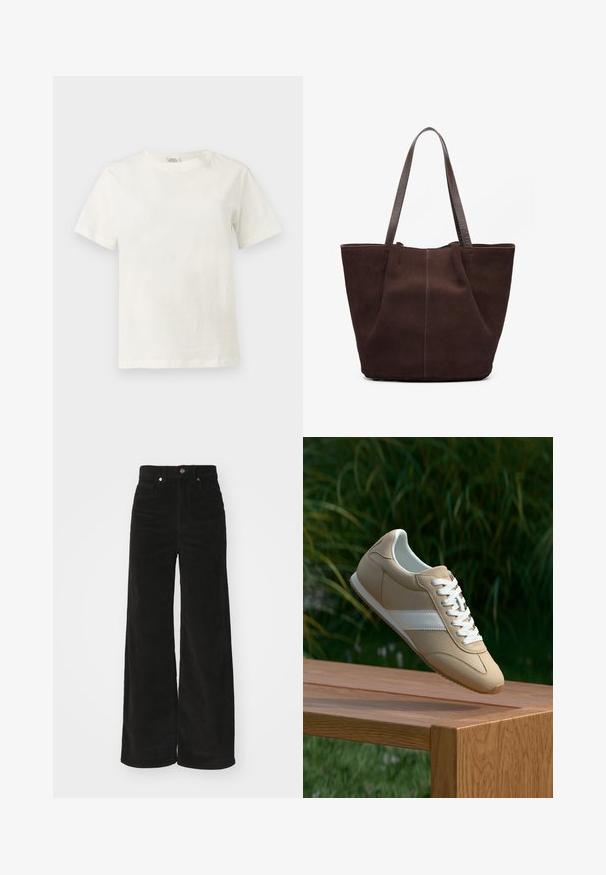 Effen witte katoenen T-shirt met korte mouwen en ronde hals, weergegeven op een neutrale lichtgrijze achtergrond.; Zwarte corduroy wijde broek met een hoge taille, voorzien van twee voorkruimels en een metalen knoopsluiting. Textiel met verticale ribbels.; Beige sportschoen met een gladde suède afwerking, witte veters en een contrasterende witte streep. Minimalistisch ontwerp met een afgeronde neus en een gestructureerde zool.; Bruine suede schoudertas met twee textuur leren handvatten. Beschikt over een eenvoudig, open ontwerp en subtiele stiksels langs de voornaad.