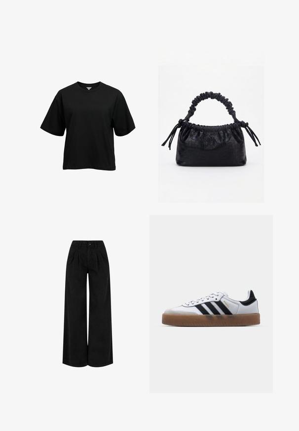 Object T-SHIRT LOOSE FIT - T-shirts print - black; Sorte bukser med høj talje og vide ben med forreste plisseringer, knaplukning og bæltestropper, vist mod en hvid baggrund.; Hvide lædersneakers med sorte striber, gummirubber sål, rund tå, snørelukning og blød grå ruskinds tåhætte.; Sort taske med krokodilletekstur, rynket øverste kant, samlet hank og snore med kvaster på hver side mod en hvid baggrund.