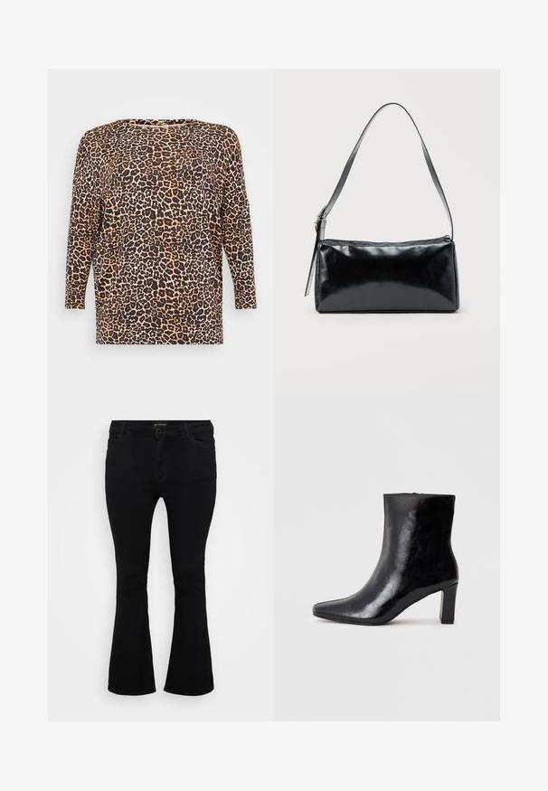 Top de manga larga con estampado de leopardo que presenta un corte holgado, escote redondo y una tela suave y texturizada en tonos marrones y beige.; Pantalones vaqueros de corte acampanado en negro, fabricados en denim, con cierre de botón, cinco bolsillos y una textura suave. Diseño clásico con dobladillo acampanado.; Botín negro de tobillo hecho de cuero brillante, con punta afilada y un tacón de bloque medio, con una textura suave y un diseño sencillo.; Bolso de hombro rectangular negro con una correa ajustable y un cierre de cremallera superior sobre un fondo liso.