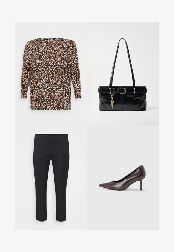 Leopardenprint longsleeve top met een relaxte pasvorm, ronde hals en zachte, gestructureerde stof in tinten bruin en tan.; Zwarte op maat gemaakte broek met een gladde textuur, middelhoge taille en verkorte lengte. Voorzien van een knoopsluiting aan de voorkant en strakke lijnen.; Bruine nepleren pumps met een puntige neus en krokodillenstructuur, voorzien van een slanke, hoekige hak en een gladde binnenvoering.; Osoi SHOULDER BROCLE - Handtas - stone black