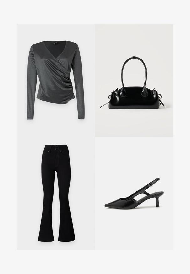 Grå langærmet top lavet af glat, strækbart stof med en indsvungen design og samlede detaljer ved taljen. V-hals.; Pepe Jeans FLARE CONTOUR - Flared jeans - black denim; Sorte slingback hæle med spidse tæer, lavet af blankt materiale, med udskæringsdetaljer og en moderat hæl for støtte.; Lille sort blank håndtaske med to lange håndtag og snøre-detaljer i siden på en ensfarvet lys baggrund.