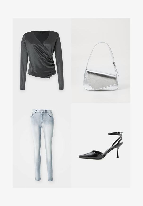 Top gris de manga larga fabricado en una tela suave y elástica con un diseño cruzado y detalle fruncido en la cintura. Escote en forma de V.; Vaqueros ajustados de mezclilla en azul claro, con tiro alto, cinco bolsillos y un ligero desvanecimiento en los muslos. Detalle de dobladillo desgastado.; Zapato de tacón alto negro de punta fina con delgadas correas en el tobillo y cierre de hebilla plateada sobre un fondo liso claro.; Bolso de mano metálico plateado con forma triangular, textura suave y una fina correa de hombro ajustable. Presenta un diseño plegable con costuras.