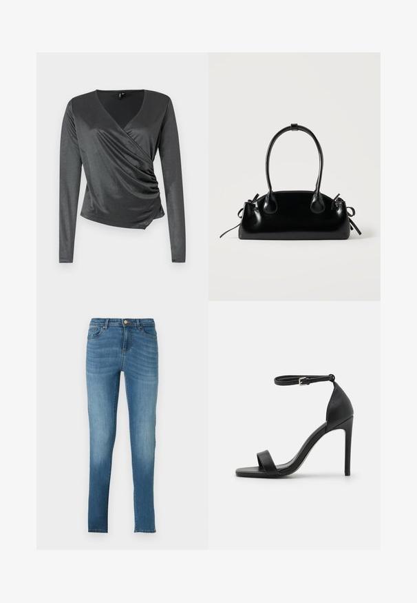 Top gris de manga larga fabricado en una tela suave y elástica con un diseño cruzado y detalle fruncido en la cintura. Escote en forma de V.; Jeans ajustados de denim azul claro con efecto desgastado, cinco bolsillos, cierre de botón de metal y detalles de costura sutil. Pierna recta.; Sandalia de tacón alto negra con un diseño elegante, que cuenta con una correa en el tobillo, punta abierta y una textura de cuero suave.; Pequeño bolso negro brillante con dos asas largas y detalles de cordón lateral sobre un fondo claro liso.