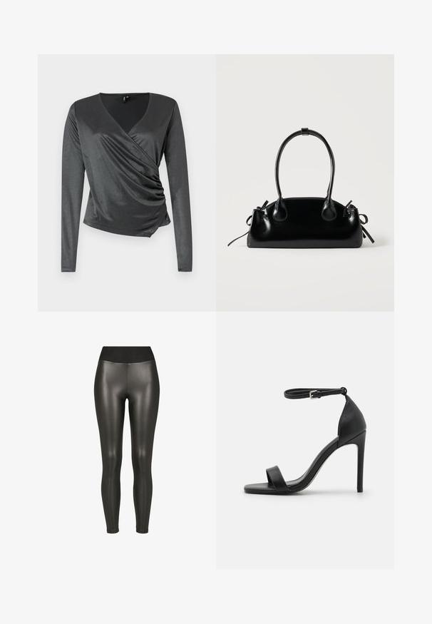 Grå langærmet top lavet af glat, strækbart stof med en indsvungen design og samlede detaljer ved taljen. V-hals.; Sorte højtaljede leggings i kunstlæder med en glat, skinnende finish og ankellængde på en hvid baggrund.; Sort højhælet sandal med et sleek design, der har en ankelrem, åben tå og glat lædertekstur.; Lille sort blank håndtaske med to lange håndtag og snøre-detaljer i siden på en ensfarvet lys baggrund.