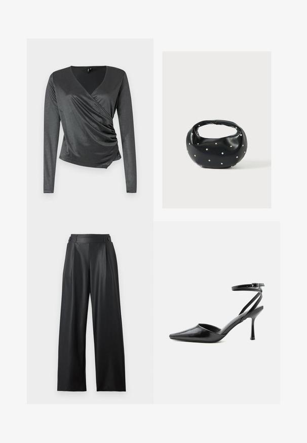 Top gris de manga larga fabricado en una tela suave y elástica con un diseño cruzado y detalle fruncido en la cintura. Escote en forma de V.; Pantalones anchos de cuero sintético negro con cintura alta, detalles de botones en la cintura y pliegues delanteros.; Zapato de tacón alto negro de punta fina con delgadas correas en el tobillo y cierre de hebilla plateada sobre un fondo liso claro.; Bolso de mano de cuero negro con forma redondeada, decorado con detalles de tachuelas plateadas y un asa corta. Textura lisa y cierre con cremallera.