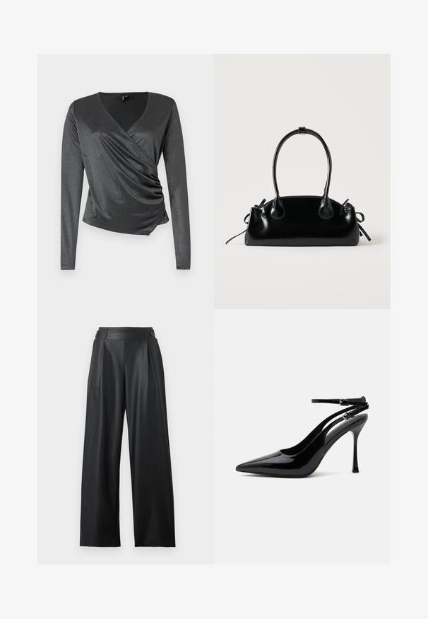 Top gris de manga larga fabricado en una tela suave y elástica con un diseño cruzado y detalle fruncido en la cintura. Escote en forma de V.; Pantalones anchos de cuero sintético negro con cintura alta, detalles de botones en la cintura y pliegues delanteros.; Zapato destalonado de piel de charol negra con tacón alto, punta puntiaguda y doble tirante en el tobillo con hebillas plateadas.; Pequeño bolso negro brillante con dos asas largas y detalles de cordón lateral sobre un fondo claro liso.
