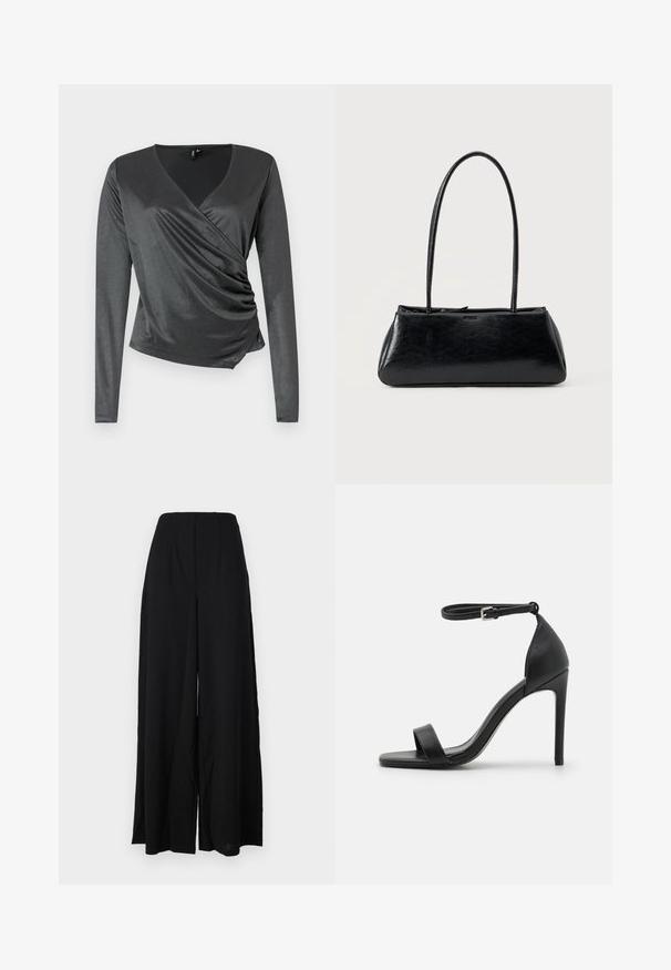 Top gris de manga larga fabricado en una tela suave y elástica con un diseño cruzado y detalle fruncido en la cintura. Escote en forma de V.; Pantalones de pierna ancha negros, confeccionados con una tela texturizada, que presentan una cintura alta con pliegues y bordes limpios para una silueta elegante.; Sandalia de tacón alto negra con un diseño elegante, que cuenta con una correa en el tobillo, punta abierta y una textura de cuero suave.; Bolso de hombro rectangular negro con correas largas y delgadas y una textura lisa y brillante sobre un fondo liso.
