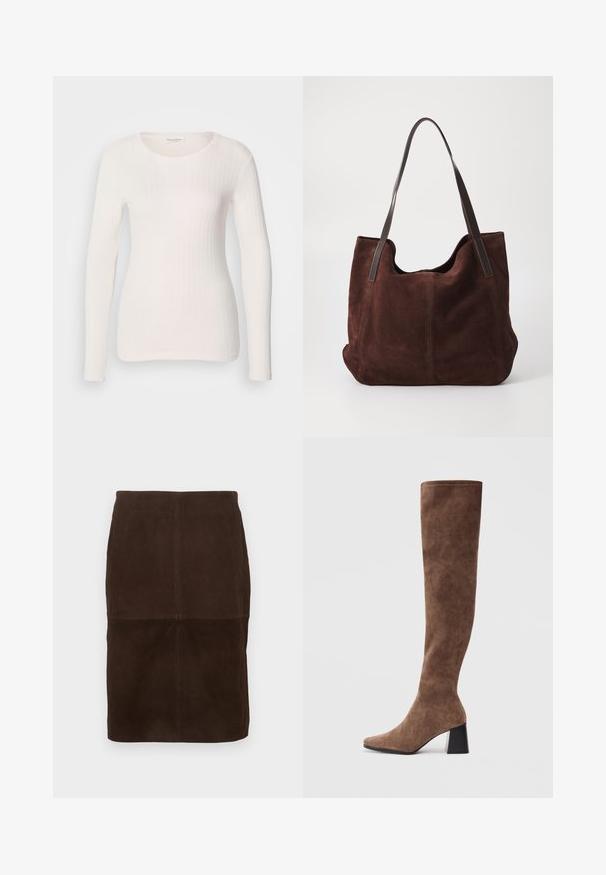 Haut à manches longues blanc en maille côtelée avec un col rond, une texture lisse et une coupe ajustée. Des lignes verticales subtiles créent une apparence épurée.; Jupe crayon en daim marron foncé avec des détails de coutures visibles, longueur genoux, présentée sur un fond clair.; Bottes marron au-dessus du genou en suede doux avec un bout pointu et un talon épais noir. Le design présente des coutures sans couture pour un look élégant.; Sac fourre-tout en daim marron avec deux anses en cuir noir. Texture douce, haut arrondi et un intérieur spacieux. Aucun matériel ou embellissement visible.