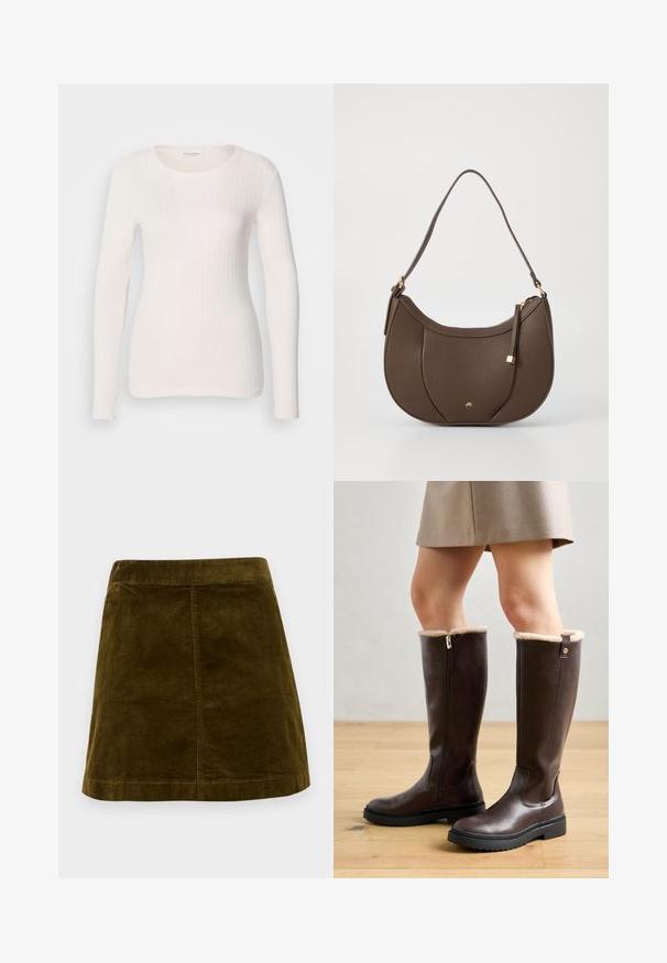 Hvid langærmet ribbet top med rund halsudskæring, glat tekstur og tætsiddende design. Subtile lodrette linjer skaber et strømlinet udseende.; Brun kordfløjl mini skirt med lodrette ribber, lige snit og en ren kant. Har en simpel talje uden udsmykninger.; Brune knæhøje støvler med en glat læderoverflade, imiteret pelskant øverst, lynlås i siden og en robust struktureret gummisål.; Brun læder skuldertaske med en buet form, prydet med en lille detalje i guld og en tekstureret overflade, og med lynlåslukning.