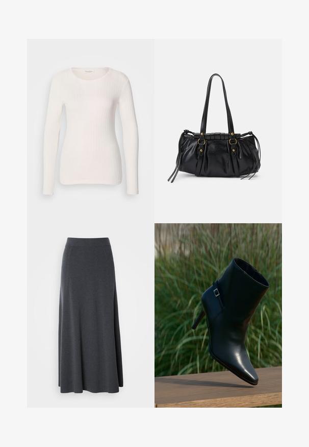 Top blanco de manga larga de canalé con cuello redondo, textura suave y diseño ajustado. Líneas verticales sutiles crean una apariencia estilizada.; Larga falda maxi de color gris oscuro, hecha de tela suave y elástica. Presenta una cintura alta y un diseño fluido, con costuras laterales sutiles para darle forma.; Bota de cuero negro hasta el tobillo con puntera puntiaguda, tacón apilado, textura brillante y una correa decorativa con un detalle de hebilla plateada.; Bolso de mano de cuero negro con forma redondeada, asas dobles, acentos de hardware decorativo y detalles de lazo en los laterales. Textura lisa y brillante.