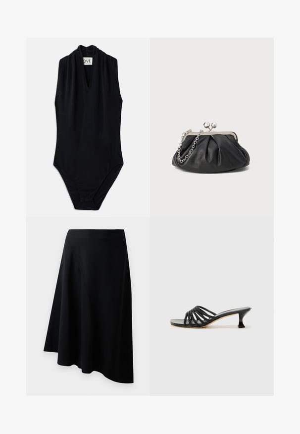 Sort ærmeløs bodysuit med en dyb v-udskæring og samling ved kraven. Fremstillet af glat, strækbart stof. Minimalistisk design.; Sort A-linje nederdel lavet af glat materiale, med diagonale sømdetaljer og et flydende design, der hænger let ved sømmen.; Sorte stiletto-sandaler med åben tå, prydet med flere sorte glitrende stropper og en kort, flared hæl. Glat, skinnende overflade.; Sort læder clutch med samlet tekstur, sølvfarvet metalramme, kys-lås lukning og kædestrop. Glat, blød overflade.