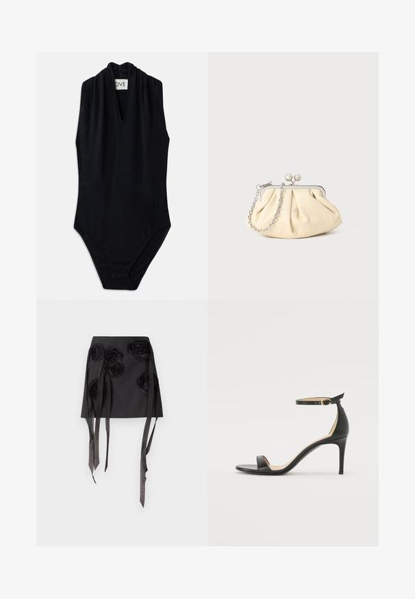 Bodysuit sans manches noir avec un décolleté en V profond et des détails froncés au col. Fabriqué en tissu lisse et extensible. Design minimaliste.; Jupe noire avec des appliqués floraux tridimensionnels, ornée de longs rubans satinés fluides. Le matériau a une texture lisse et un design structuré.; Sandale à talons hauts en cuir noir avec une lanière de cheville. Présente une texture lisse, un bout ouvert et un talon fin. Détail de boucle en ton doré.; Pochette en cuir beige plissé avec un cadre en métal argenté, dotée de deux fermoirs ronds décoratifs et d'une chaîne en argent.