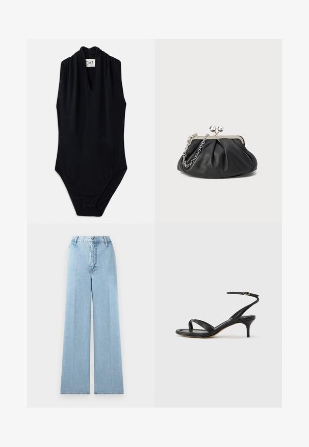 Bodysuit sans manches noir avec un décolleté en V profond et des détails froncés au col. Fabriqué en tissu lisse et extensible. Design minimaliste.; Jeans larges bleu clair en denim avec une taille haute, comprenant cinq passants de ceinture, une fermeture à bouton à l'avant et des coutures cousues.; Sandale pour femme en cuir noir avec fines lanières, une boucle d'orteil, une boucle à la cheville et un talon aiguille de hauteur moyenne sur un fond neutre.; Porte-monnaie en cuir noir avec texture froncée, cadre en métal argenté, fermeture à verrouillage kiss-lock et bandoulière en chaîne. Surface lisse et douce.