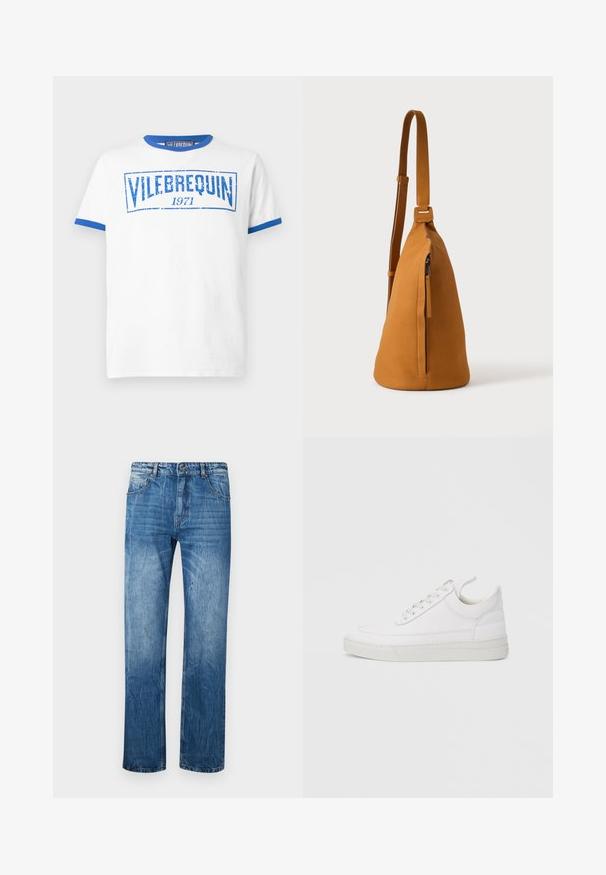 Hvid T-shirt med korte ærmer og blå kant ved krave og ærmer, med slidte blå "VILEBREQUIN 1971" tekst på brystet.; Blå denim jeans med lige fit, der har fem lommer, bæltestropper og subtilt slid på stoffet.; Hvid lædersneaker med rundet tå, flad sål og snørebånd foran. Har syningsdetaljer og polstret krave for komfort.; Tan læder crossbodytaske med justerbar rem og lodret lynlåslomme, vist fra siden mod en ensfarvet lys baggrund.