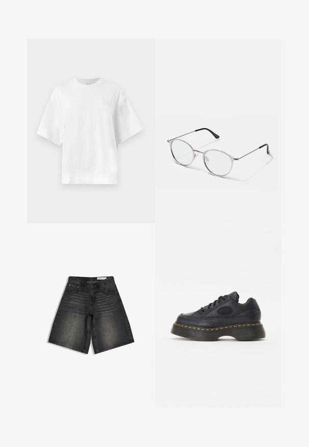 T-shirt blanc uni oversized à manches courtes avec encolure ronde, présenté à plat sur un fond gris clair.; Shorts en jean noir délavé arrivant aux genoux, avec poches avant et passants pour ceinture, posés à plat sur un fond blanc.; Baskets en cuir noir avec finition texturée, bout rond et semelle épaisse. Comprend des coutures accentuées en jaune et un logo de marque sur le côté.; Lunettes en métal argenté avec des verres ronds et une fine monture. Les embouts de branches noirs offrent un contraste. Plaquettes de nez ajustables incluses.