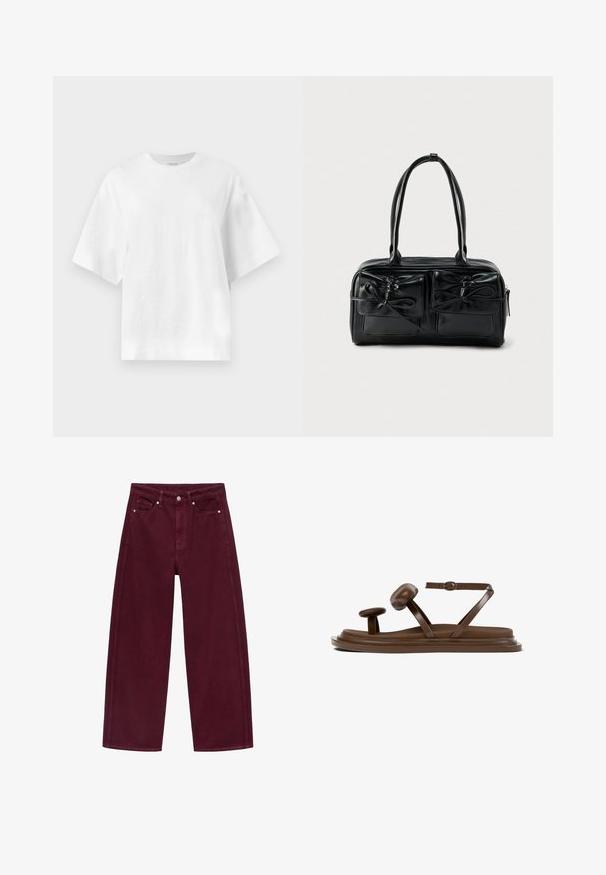 Plain hvid oversized T-shirt med korte ærmer og rund halsudskæring, vist fladt mod en lys grå baggrund.; Bordeaux bredde ben jeans lavet af bomuldsdenim, med fire-pocket design og metalknap lukning med matchende syninger.; Brune flade sandaler med en dobbeltbump-design, ankelrem og lagdelt sål med en glat tekstur. Fremstillet af syntetiske materialer.; Sort læderhåndtaske med to frontlommer og sløjfedetaljer, med solide håndtag og en struktureret rektangulær form.