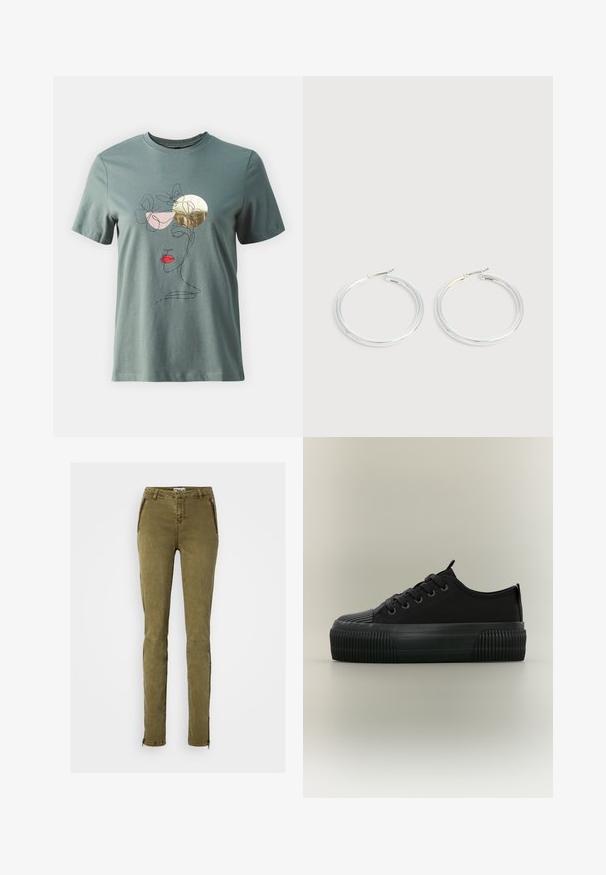 Groen katoenen T-shirt met een minimalistische lijntekening van een gezicht, verfraaid met roze en gouden vlinders en rode lippen. Korte mouwen.; Olijfgroene, getailleerde broek met ritszakken aan de zijkant, kniestiksel en ritsen bij de enkels. Gemaakt van een zachte, gestructureerde stof.; Zwarte platformsneaker met dikke geribbelde zool, veters aan de voorkant en treklussen op tong en hiel, vanaf de zijkant afgebeeld op een neutrale achtergrond.; Een paar glanzende zilveren oorringen met dunne draadafsluitingen, getoond op een lichtgrijze achtergrond.