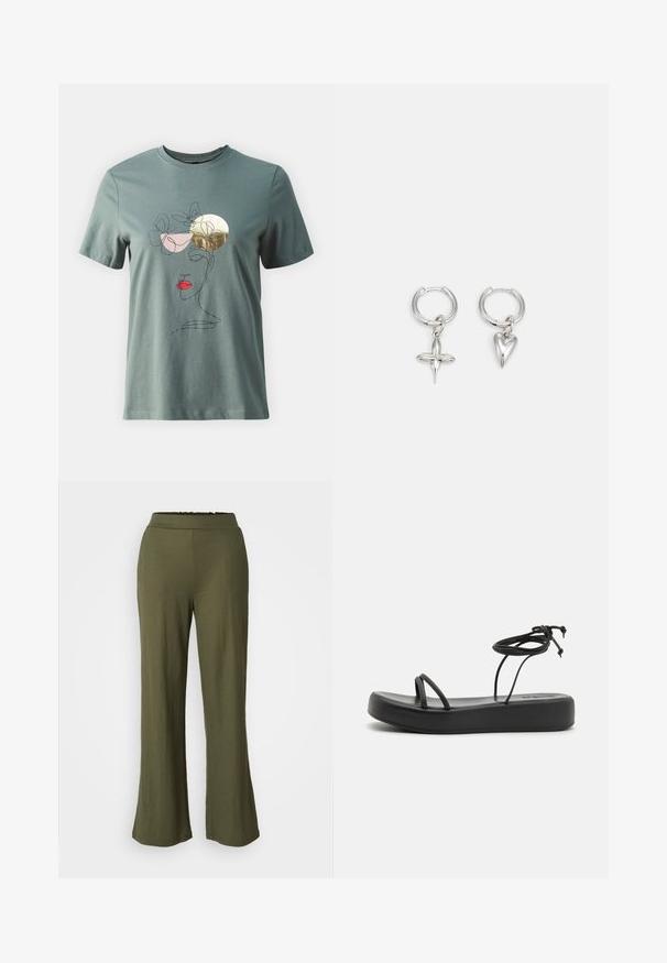 Camiseta de algodón verde con un dibujo lineal minimalista de una cara, acentuado con mariposas rosas y doradas, y labios rojos. Mangas cortas.; Pantalones de pierna ancha en verde oliva, hechos de una tela suave y ligera, con una cintura con volante y una textura lisa, sin bolsillos.; Sandalias planas negras con suela ancha, tiras delgadas y un lazo ajustable en el tobillo. Textura suave con un diseño minimalista.; Pendientes de aro de plata con un charm de cruz y corazón. Textura suave y brillante con un acabado pulido. Cada charm cuelga de un lazo seguro.