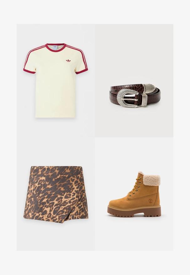 Kremfarvet Adidas T-shirt med korte ærmer, rød ribkant ved hals, ærmekanter, tre røde striber på skuldrene og rødt Adidas trefoil-logo på brystet.; Mini nederdel med leopardprint, diagonalt overlap foran, brun og sort mønster på tan stof, lige kant.; Tan ruskindsstøvle med en kunstig pelskrave, gyldne øjer og en kontrasterende gummisål. Har et logo på siden og struktureret sål.; Mørkebrun krokodillelæderbælte med dekorativ spænde og spids i sølvtonet tekstur, snoet på en hvid baggrund.