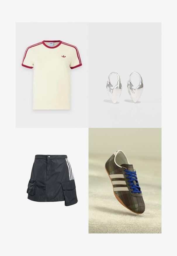 Krémové krátke tričko Adidas s červeným rebrovaným golierom, koncami rukávov, tromi červenými pruhmi na ramenách a červeným logom Adidas trefoil na hrudi.; Čierna, ľahká sukňa vyrobená z nylónu s predným zapínaním na gombíky, bočnými vreckami a bielymi prúžkami po stranách.; Hnedé kárované športové topánky s modrými šnúrkami, tromi bielymi pruhmi a hladkým povrchom, s svetlohnedou gumovou podrážkou.; Otiumberg ROSCIDA HEART HOOPS - Náušnice - silver-coloured