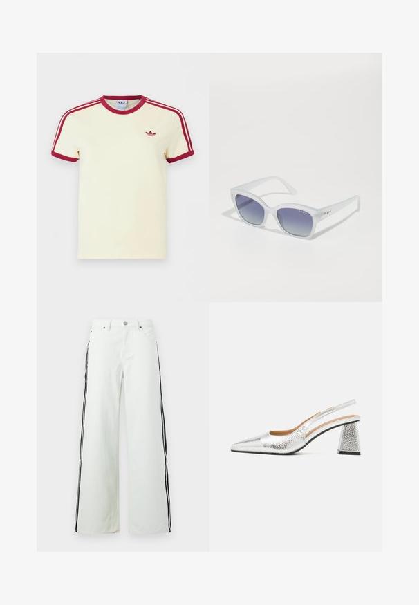 T-shirt crème à manches courtes Adidas avec col côtelé rouge, extrémités des manches rouges, trois bandes rouges sur les épaules et logo trefoil Adidas rouge sur la poitrine.; Jeans à jambes larges en denim vert clair avec des bandes latérales noires. Conception à cinq poches avec une quincaillerie métallique et une fermeture à bouton à la taille.; Pompe argentée à talon slingback avec un bout pointu, une finition métallique texturée et un talon bloc triangulaire. L'intérieur présente des détails en cuir marron.; Lunettes de soleil blanches avec une finition mate, verres ovales dégradés du violet clair au violet foncé, comportant un logo sur la branche.